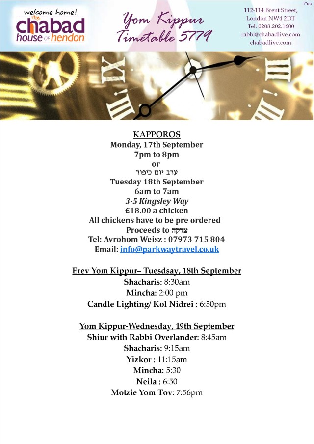 Yom Kippur Timetable 5779